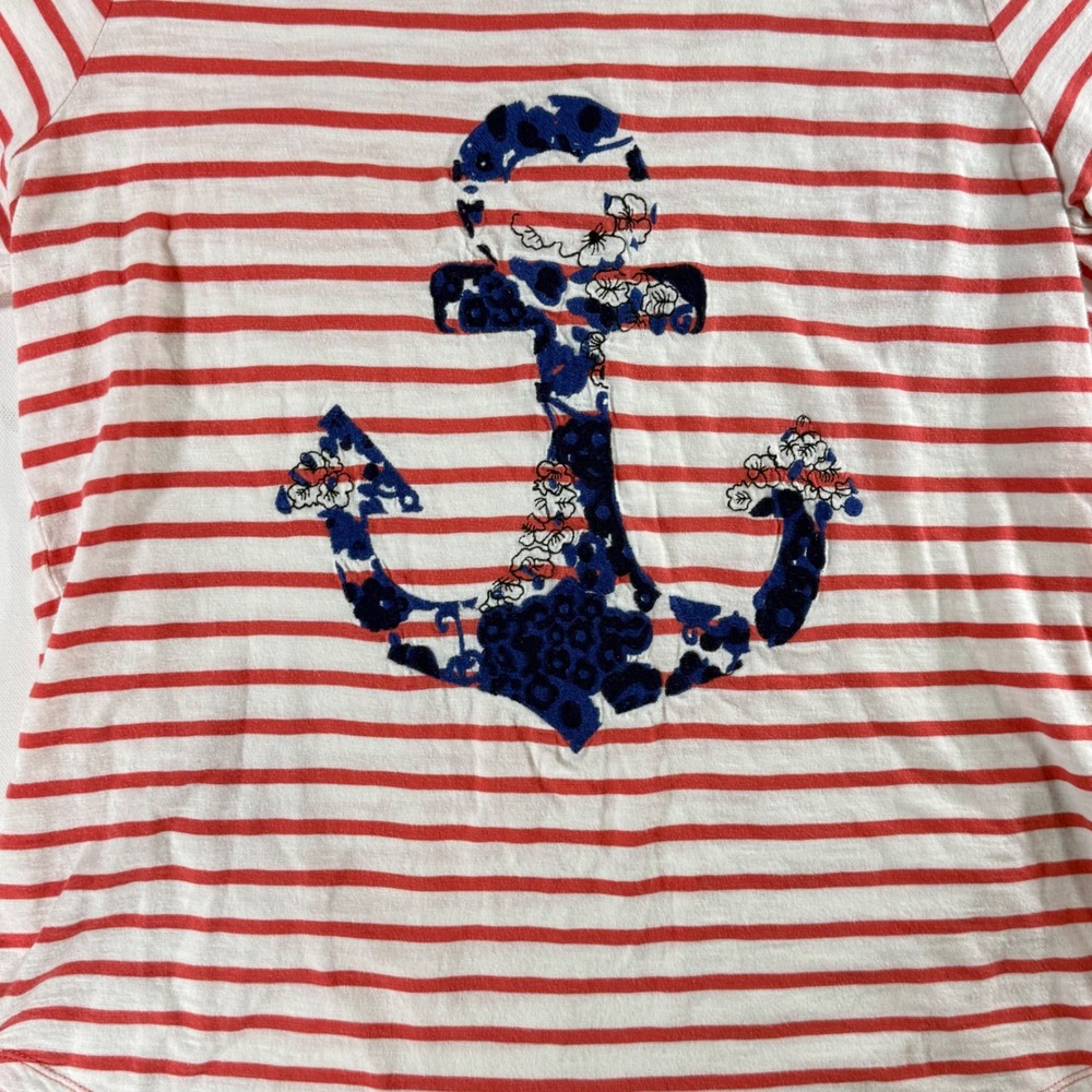 Boden Floral Nautical Anchor Stripe Shirt Womens 12 Red White Coastal Preppy - Picture 4 of 12